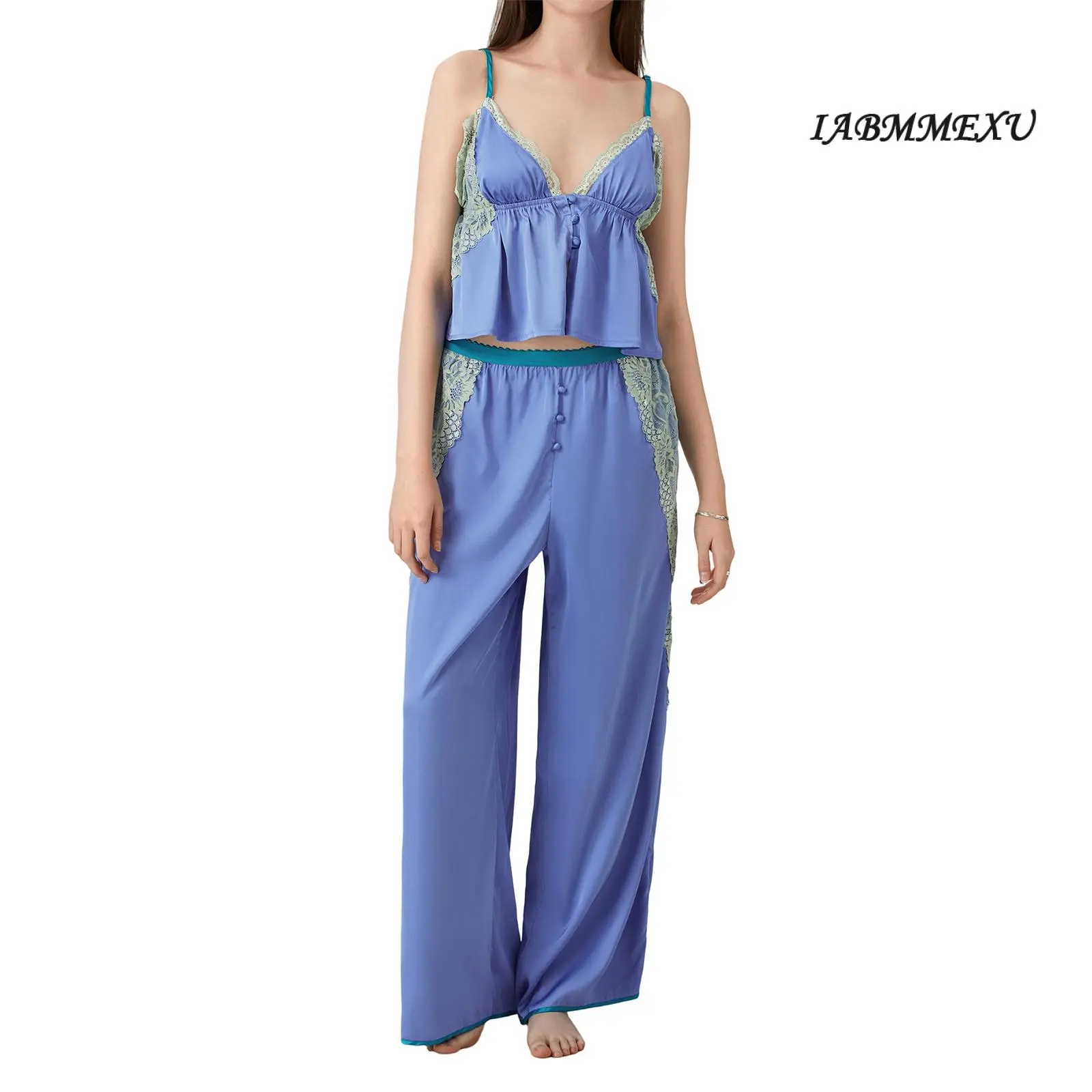 2Pcs Women's Pajama Sets Lace Patchwork Spaghetti Strap Ruffled Cami Tops with Loose Pants Soft Sleepwear Sleeveless Loungewear
