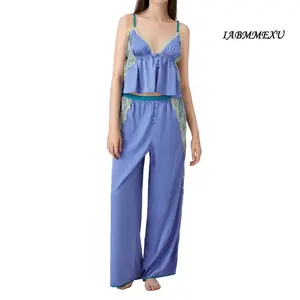 2Pcs Women's Pajama Sets Lace Patchwork Spaghetti Strap Ruffled Cami Tops with Loose Pants Soft Sleepwear Sleeveless Loungewear