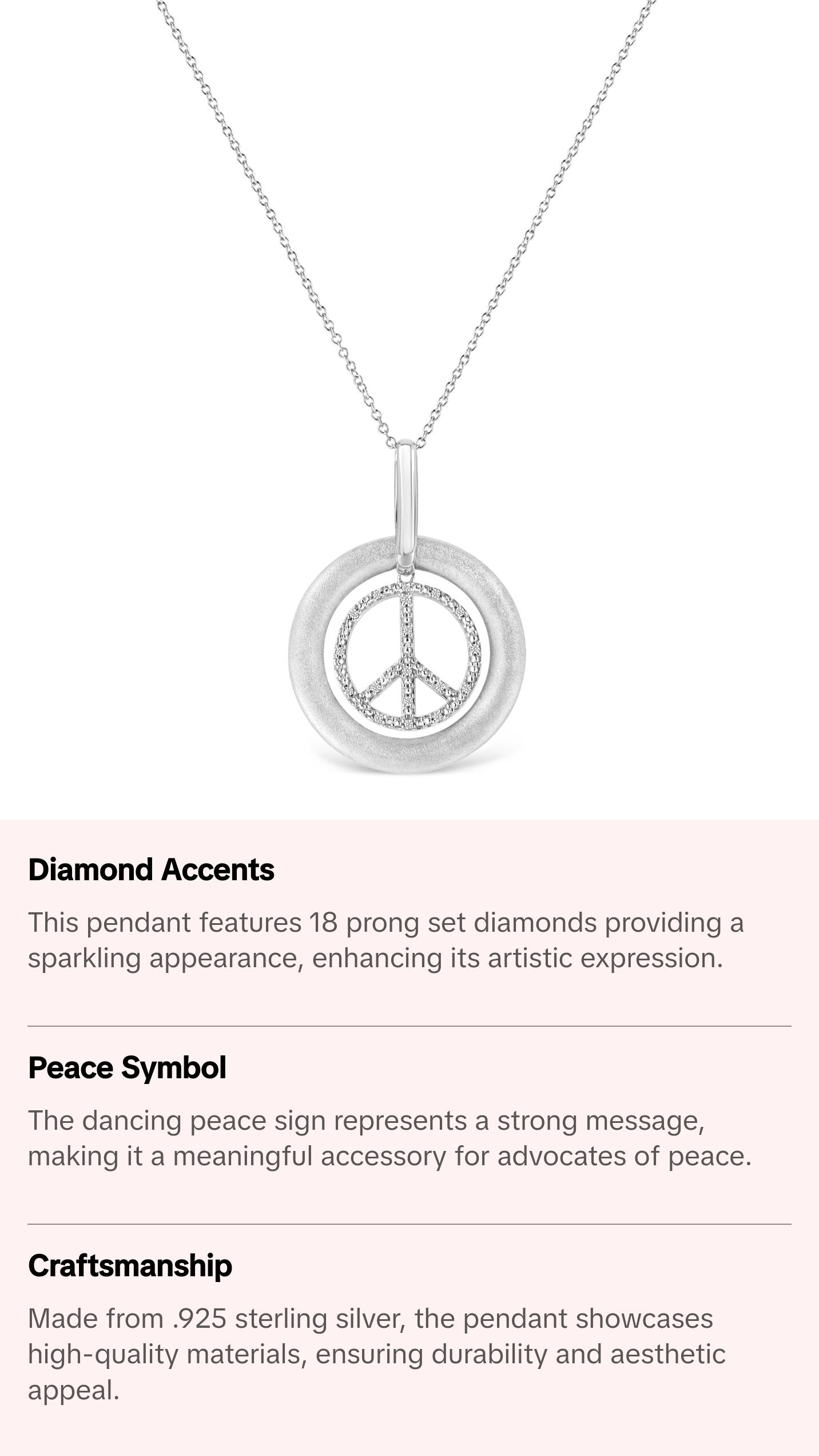 Matte Finish .925 Sterling Silver Diamond Accent Dancing Peace Sign 18" Pendant Necklace (I-J Color, I1-I2 Clarity)