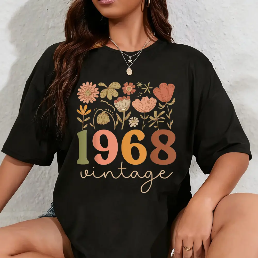 Women's Aesthetic T-Shirt with Vintage 1968 Birthday Tropical Floral Print, 100% Cotton Short Sleeve Crew Neck for Casual Vacation Wear, Aesthetic Women's T-Shirts