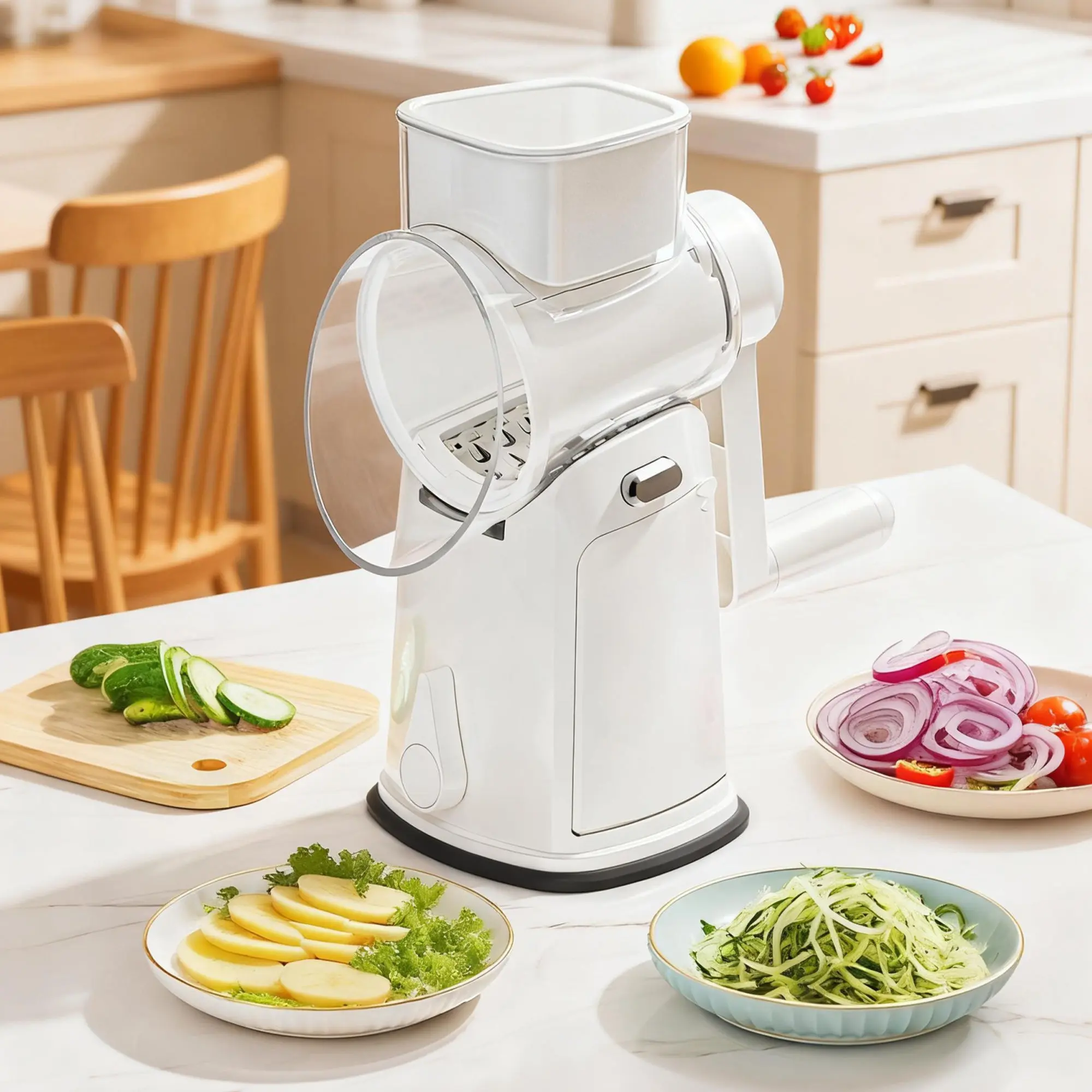 10-in-1 Rotary Kitchen Vegetable Cutter - Hand Crank Mandoline Slicer with 9cm Wide Mouth, Thick Silicone Strong Suction Base, Detachable Washable Cheese Grater Shredder for Potato, Carrot, White Kitchen Utensils, Smooth