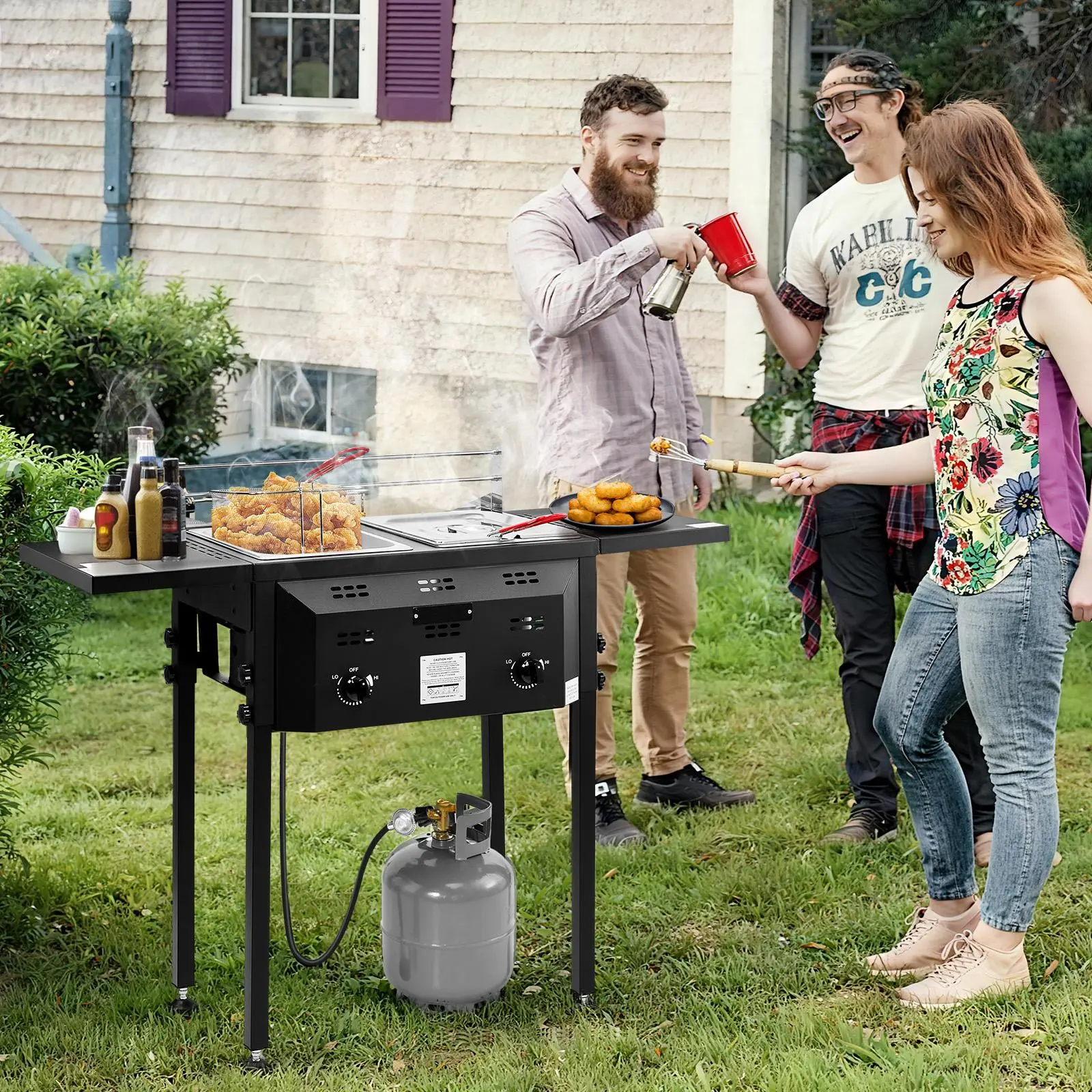 【Summervibes】Double basket deep fryer with foldable side shelf, black color, gas fryer