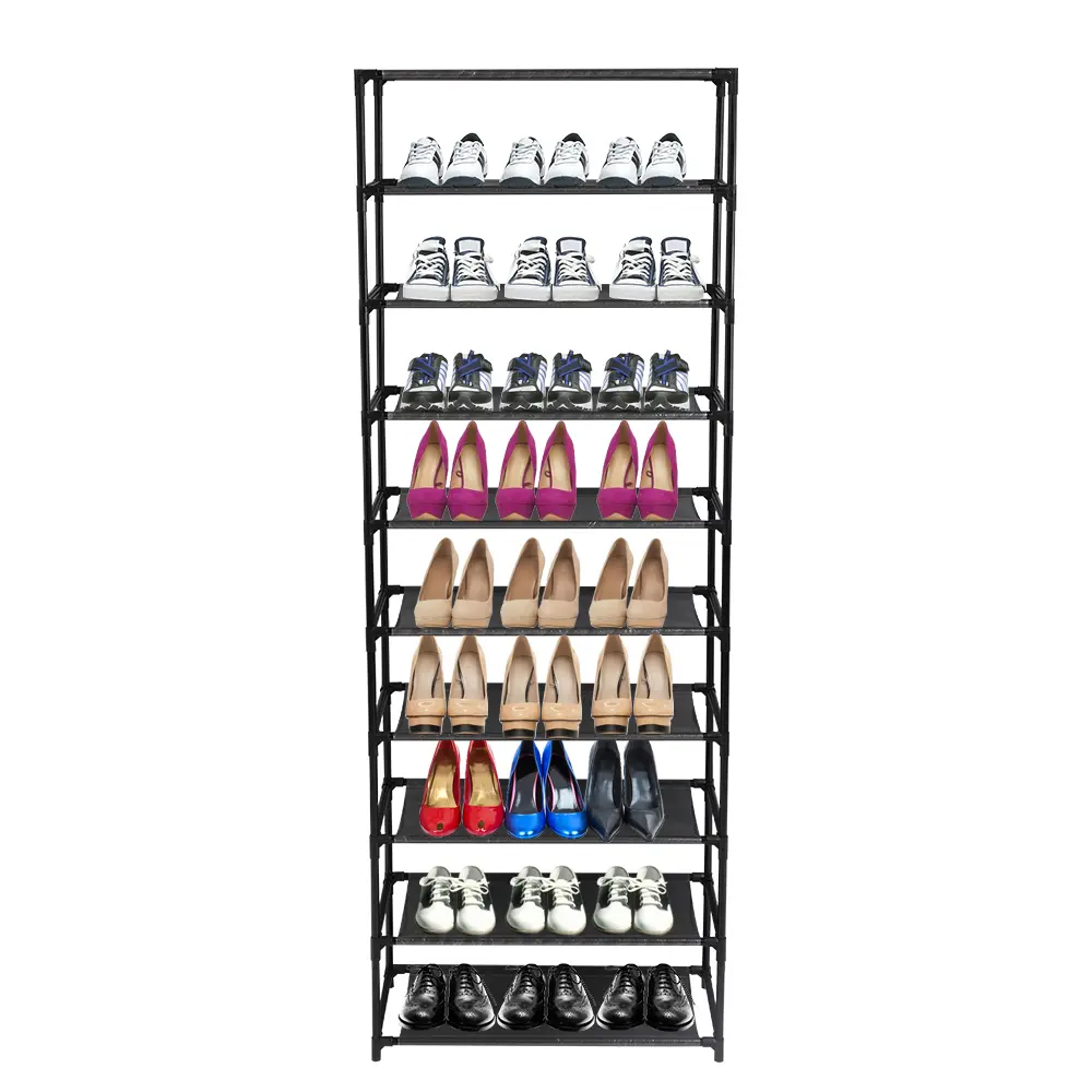 10-Tier Stackable Shoe Rack - Stainless Steel Frame Open Shelving Hallway Furniture, Space Saving Floor-Based Reinforced Steel Quick-Setup Furniture, Holds 50 Pairs of Shoes, Space Saving Furniture