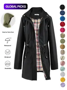 Women's Solid Color Drawstring Zip Up Hooded Trench Coat Raincoat, Casual Long Sleeve Waterproof Windproof Breathable Outerwear for Spring & Fall, Ladies Clothes for Daily Wear