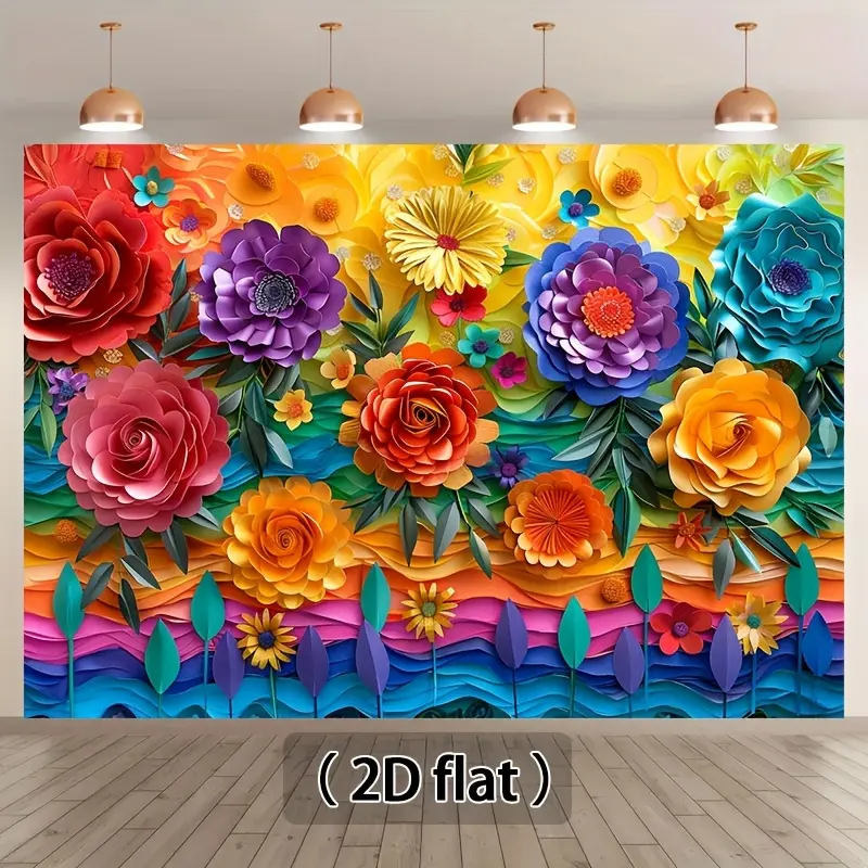 1PC Reusable 2D Flat Colorful Polyester Paper Art Flower Backdrop Banner - Polyester Fits Photography Background Cloth, Living Room Decor Tapestry, Birthday Party Decoration Curtain