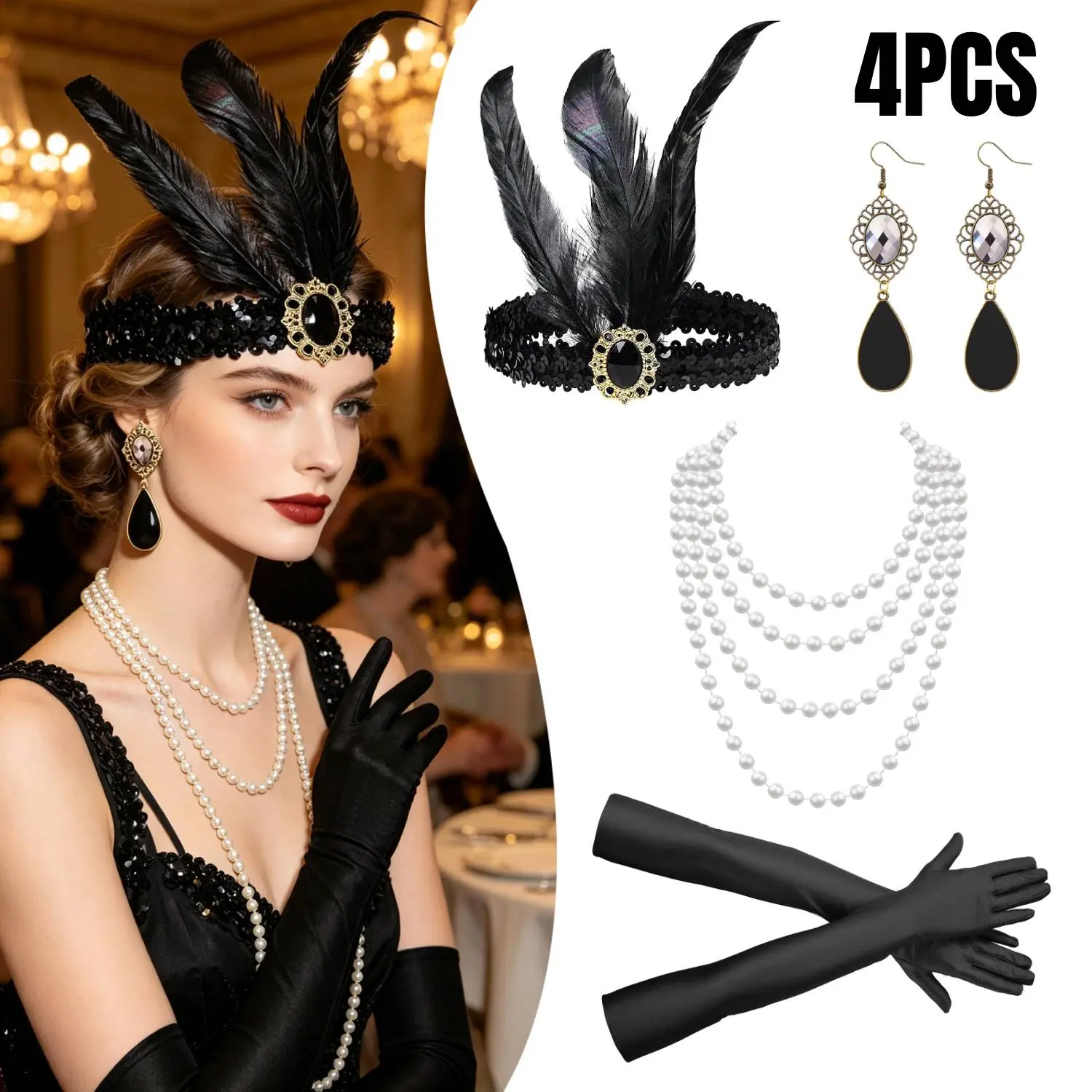 4PCS Women 1920s Flapper Set with Headband Beaded Necklaces Earrings Gloves for Vintage Wedding Costume Accessories Costume Accessories for Halloween Party Cosplay