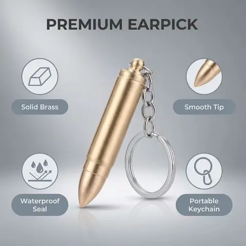 Solid Brass Bullet-Shaped Ear Pick Keychain, Portable 2-in-1 Earwax Cleaning Scoop and Key Ring, Sealed Pocket EDC Tool, Gift for Men