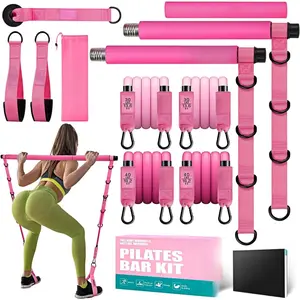 Pilates Bar Kit with Resistance Bands, Pilates Workout Equipment for , , , Arm, Squats Exercise Equipment for Home Workouts, Adjustable 3-Section Pilates Bar Kit for Women & Men