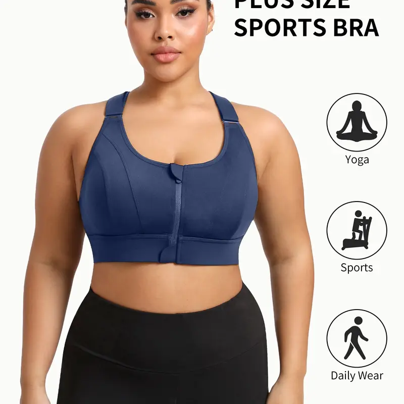 Women's plus-size sports bra, Sporty bra, Workout bras, high-strength support, adjustable shoulder straps, front zipper design, full cup coverage, cross-back design, suitable for all seasons, sports, outdoor fitness, Yoga Bra