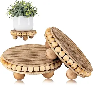 2Pcs Wood Risers for Display Decorative,Round Beaded Riser Distressed for Decor ,Wooden Farmhouse Coasters Mini Cake Stand Plant Stand,Rustic Pedestal Stand Decor Display Risers for Tiered