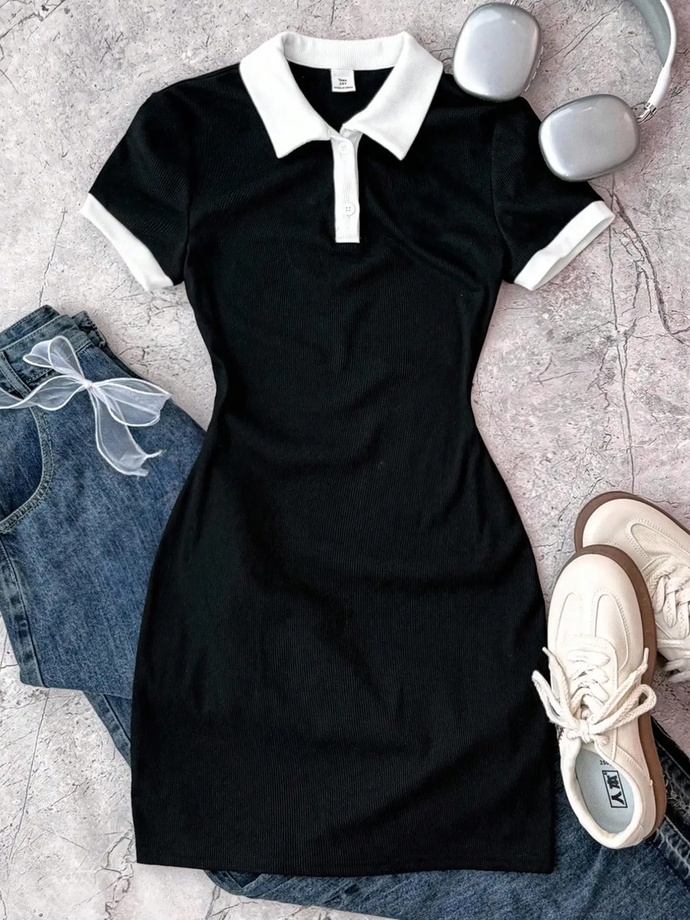 Teenage Girls Summer Fashion Colorblock Collar Button Waist Cinched Short Sleeve Dress, Casual Daily Wear Party