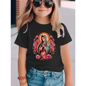 Girls' 5-14 Years Casual Short Sleeve Round Neck T-Shirt - Pink Rose Religious Virgin Mary Print, Comfortable Knit Top for Home & Travel, All-Season Wear, Travel Clothing | Floral Print Top | Comfortable Fit, Girls T Shirts