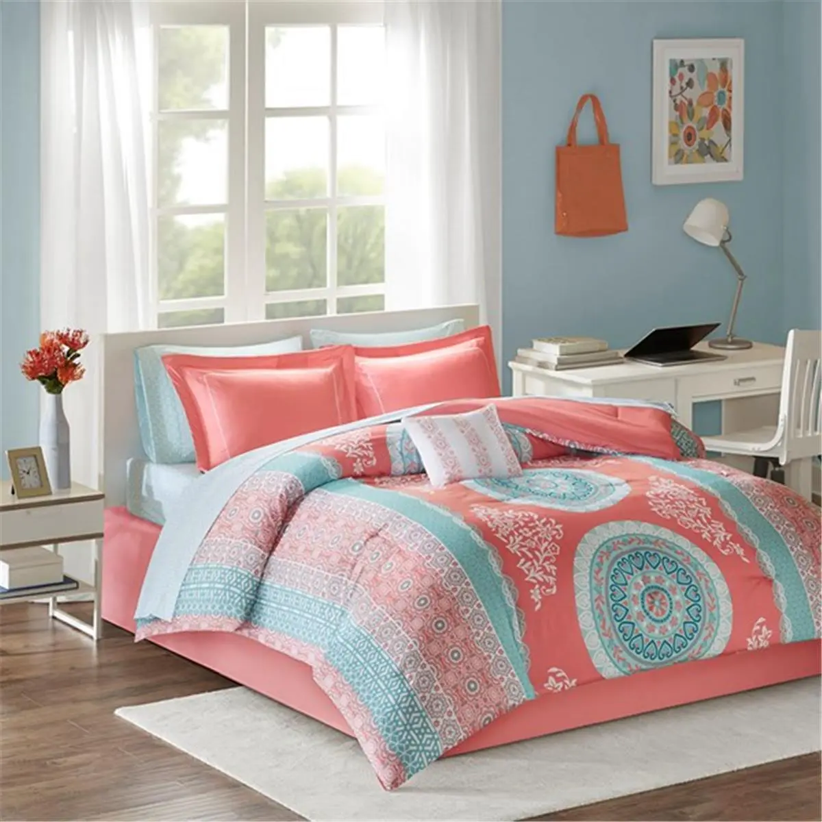 212 MAIN Intelligent Design Loretta Casual Bright Medallion Print Comforter & Sheet Set - Coral, Full Size Bed
