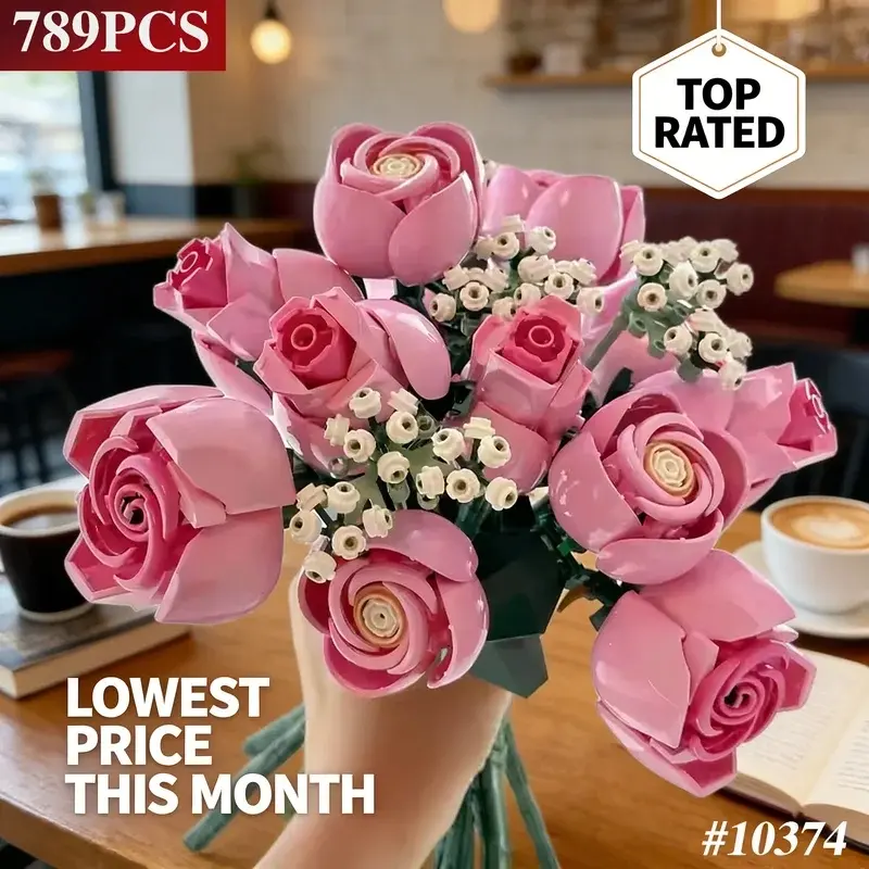 2026 New 789pcs Technology Pink Rose Bouquet Building Blocks Set DIY Artificial Rose Artificial Decorative Flowers Diy Floral Decoration Decorate Suitable For Mother's Day Gift Present Thanksgive Gift