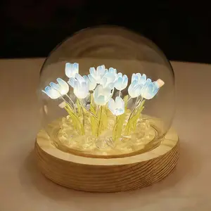 DIY Tulips Night Light Small Glass Flower Lamp with Wooden Base Blue Tulip Lamp 13 Flower Romantic Home Decor Gift for Women Birthday Christmas Gift for Girlfriend Wife Mom Sister Grandma