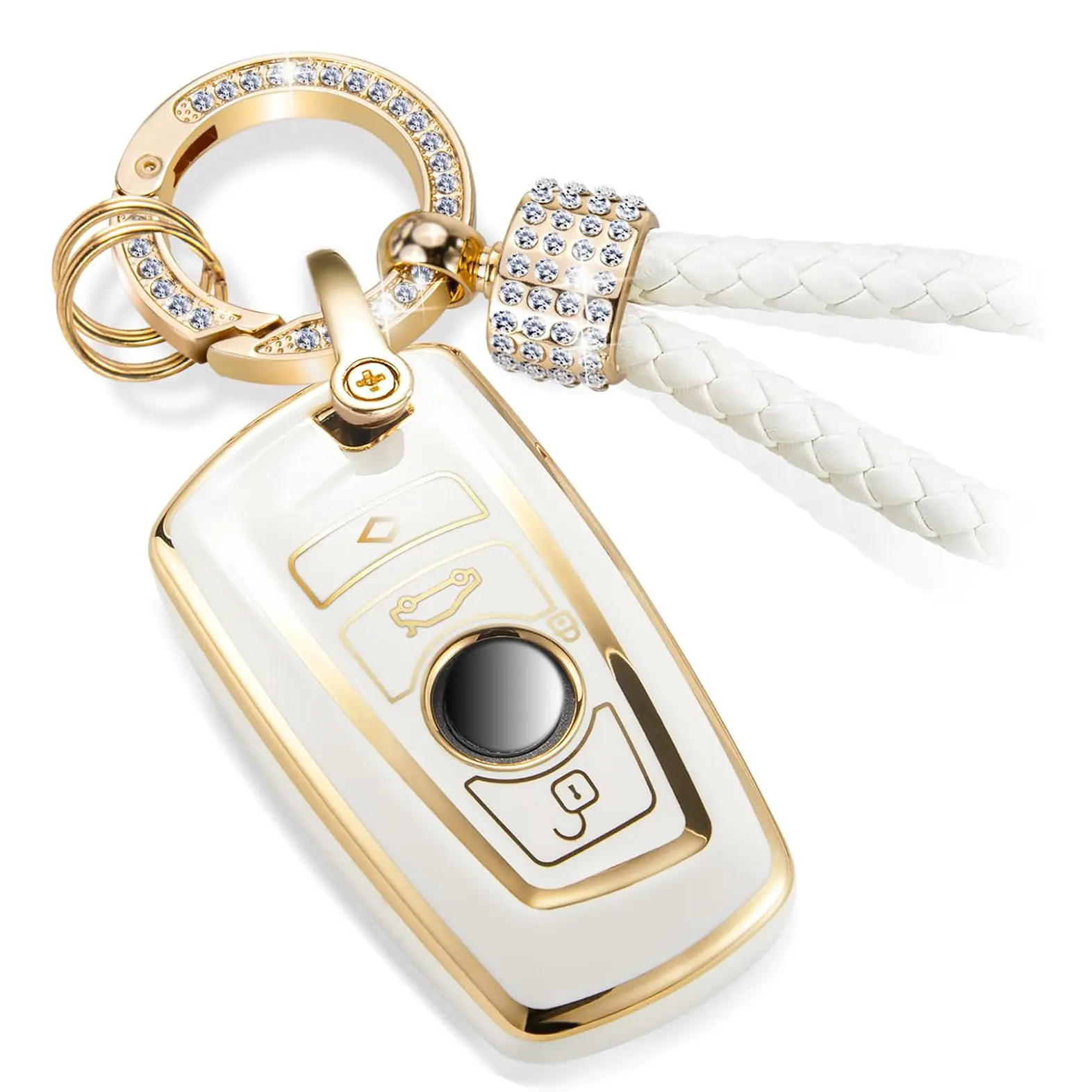 ACEBOY For BMW Key Fob Cover With Luxury Diamond Bling Braided Rope Keychain, Upgraded Soft Key Case For Classic BMW Smart Remote Keyless Key Fob Shell
