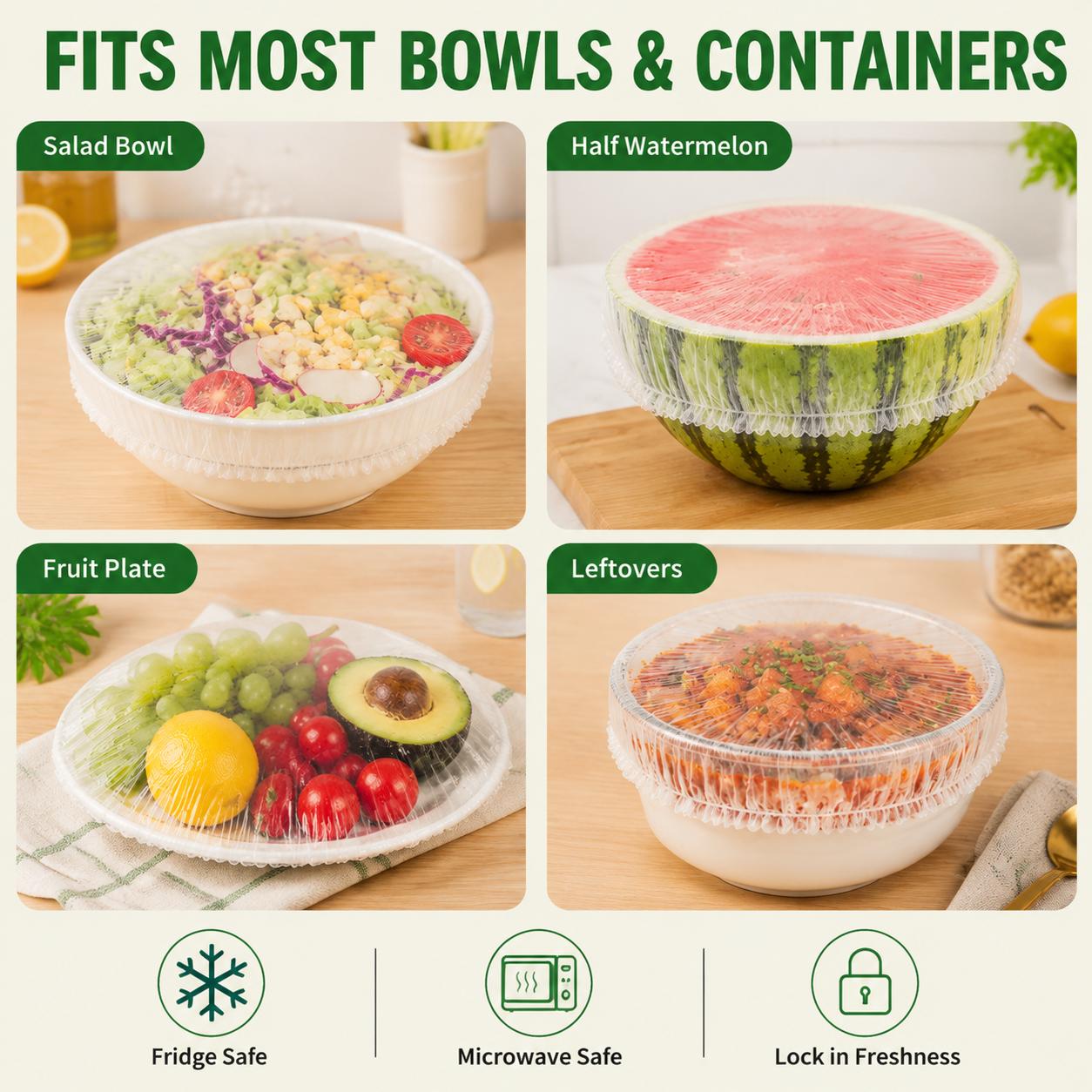 100 PCS Elastic Disposable Food Covers Set - Food-Grade PE Stretch Lids Utensils for Bowls, Plates, Leftovers, Fruit Preservation - Reusable Plastic Wrap Alternative for Kitchen Refrigerator Containers, Daily Use