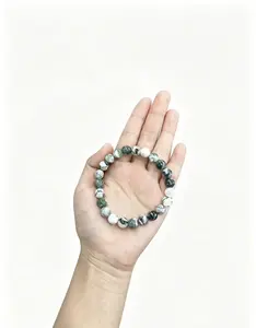 Natural Moss Agate Beaded Bracelet（8mm）, Handmade Green Gemstone Stretch Bangle for Women Men, Boho Style Healing Crystal Jewelry