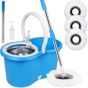 Spin Mop and Bucket Set, 360° Spin Mop and Bucket with Wringer Set and 3 Microfiber Mop Refills and 61" Extended Handle, Spinning Mop Bucket for Floor Cleaning, Blue