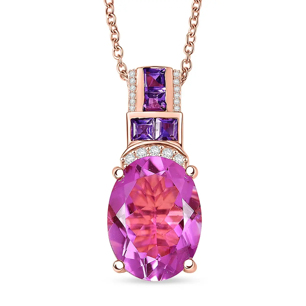 Evertrue African Lilac Quartz (Triplet) and Multi Gemstone 10.20 ctw Empress Rose Pendant in 18K Rose Gold Plated with Stainless Steel Necklace 20 Inches