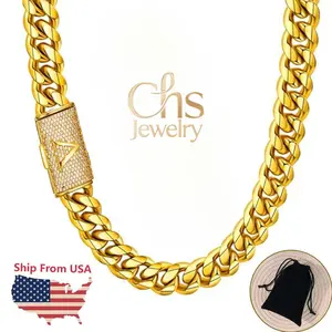 Capital Initial A-Z 26 Letters Diamond Bling Mens Cuban Curb Link Chain Miami Necklace Stainless Steel (Safe Box Lock) 16~22inch| Hip Hop Punk Style Jewelry for Party  Fashion Necklace