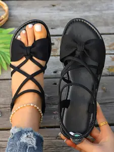 2026 Summer New Butterfly Knot Cross Strap Flat Sandals, Retro Casual Roman Sandals, Slip-On Design, Lightweight & Comfortable, Dressy Summer Shoes