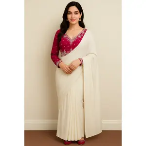Boutique Handwork Blouse with Premium Georgette Off-White Saree