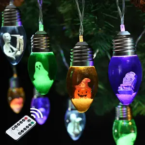 2 Pack 16.4FT Halloween Bulb String Lights Indoor, Halloween Light Indoor, Snow Globe String Lights Battery Operated with 24 Spooky Charms, Remote Timer - 8 Lighting Modes for Window, Outdoor Decor