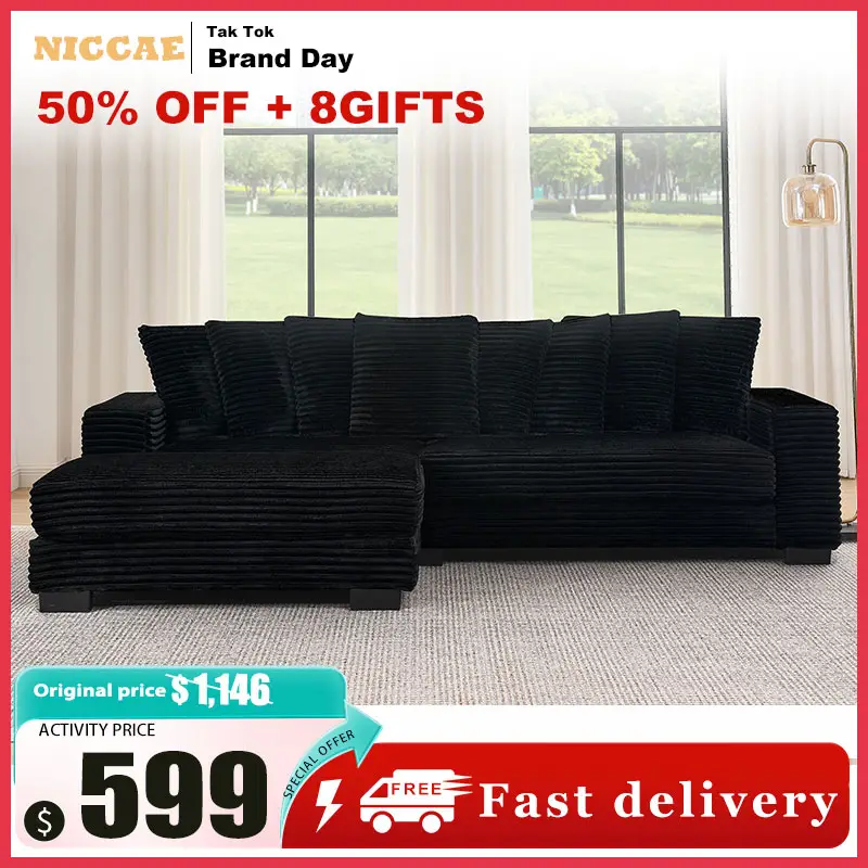 [Sub 3 packages] New Niccae 111.63'' Oversized L-Shaped Corduroy Sofa with Adjustable Ottoman, L/R Chaise & 8 Pillows + 2 Extra Throw Pillows, Easy As