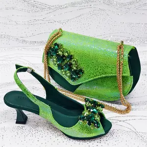 Green Peep-Toe Heels – Elegant Women’s Pumps with Diamonds & Italian Shoes and Bag Set