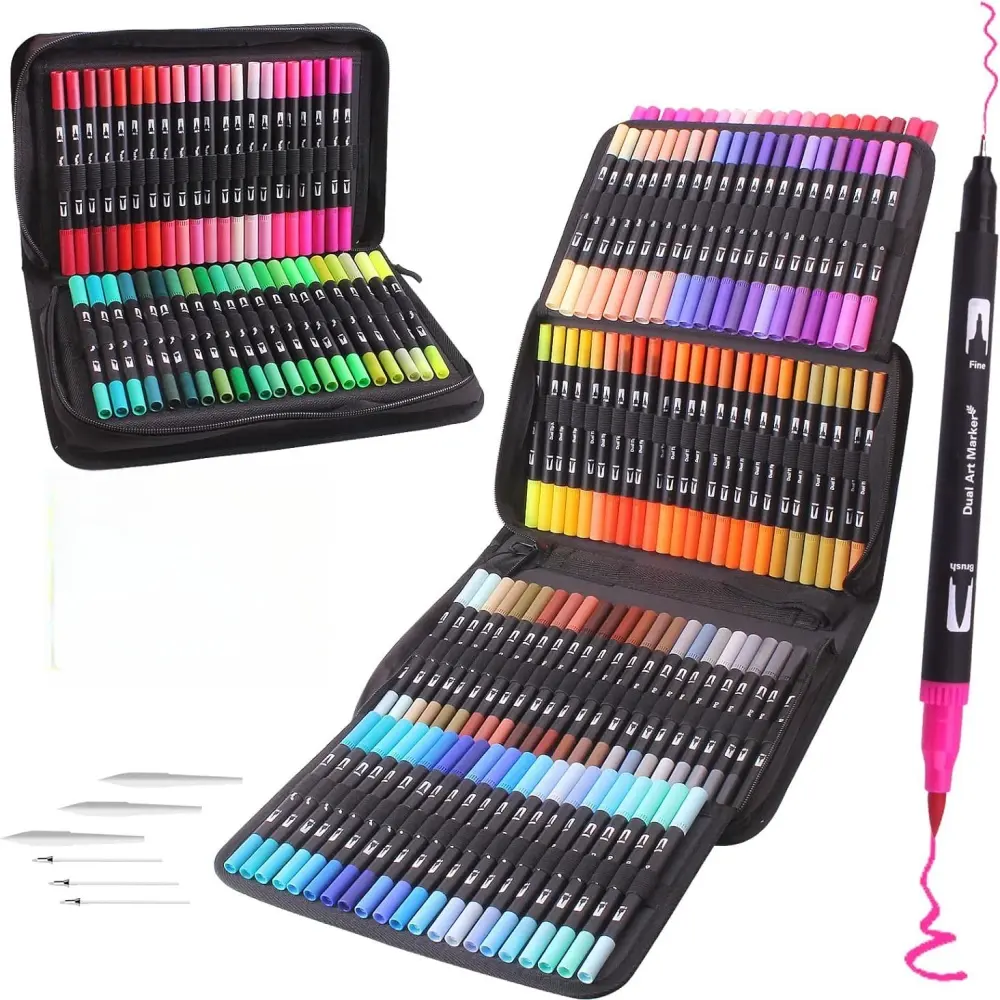 Double-Ended Brush Marker Pen Set, Fine Line Soft Tip Markers Brush Pens for School Drawing Writing Journaling, Adult Coloring Books Art Supplies Kit, Vibrant Fluorescent Colors, Artist Supplies, Arts And Crafts Supplies