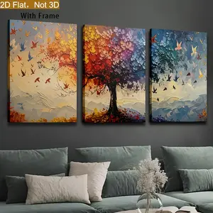 2D canvas, 3-piece framed canvas paintings and posters, ready to hang, large multi-colored Tree of Life print - classic landscape home decor, wall art, room decoration, home mural, 2D printing, ideal gift choice for living room, bedroom, dining room, offi
