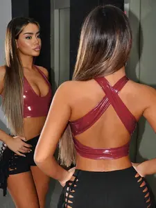 SAMPLEI Women's Summer Solid Color PU Leather Halter Neck Cross Strap Tank Y2K