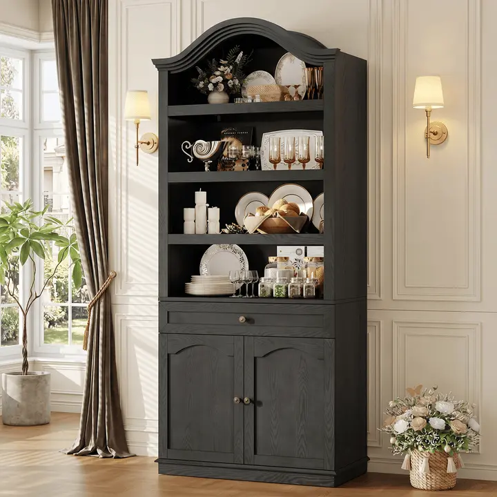 Sikaic 82.7" Tall Arched Bookcase with Drawer & Doors, 6-Tier Scalloped Arch Bookcase with 4 Open Shelves, Storage Cabinet & Vintage Metal Handles, Farmhouse Bookshelf for Living Room, Dining Room, Kitchen, Home Office, Black