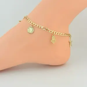 Anklet with Charms Cuban Link 4mm 10 Inches Wide Gold Plated Fashion Jewelry for Women