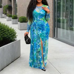 ChicMe Women's 2 Pieces Outfit Allover Tie Dye Floral Print Long Sleeve Ruched Party Dress Tie Waist Hollow-out Back High Slit Sheer Mesh Maxi Dress with V-Neck Adjustable Spaghetti Straps Cami Mini Dress Elegant Formal