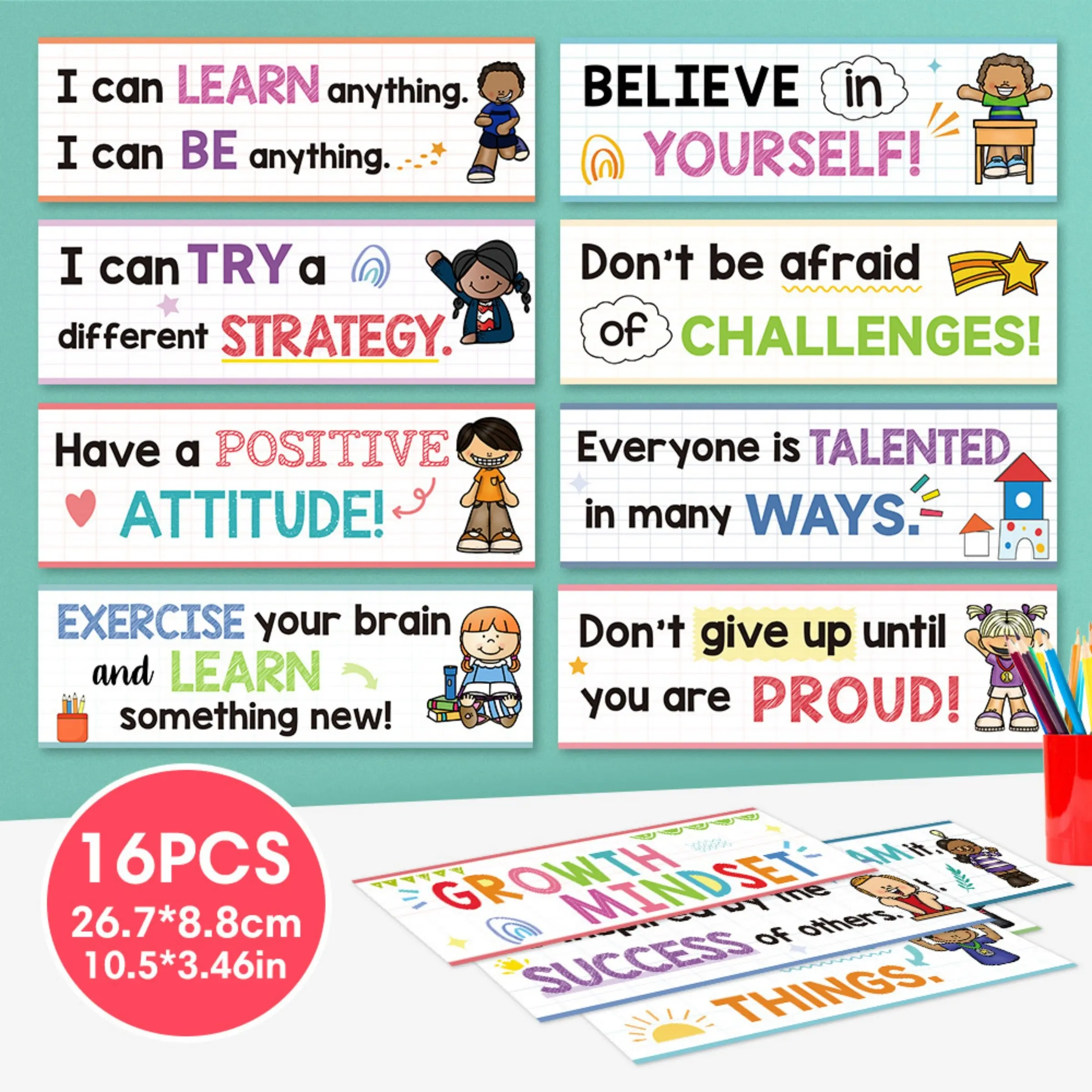16 Piece Kids English Growth Motivational Quotes Poster Set, Student Inspiration Wall Art, Classroom Decor, Room Decoration, Teacher Resources, Teaching Tools, English Learning
