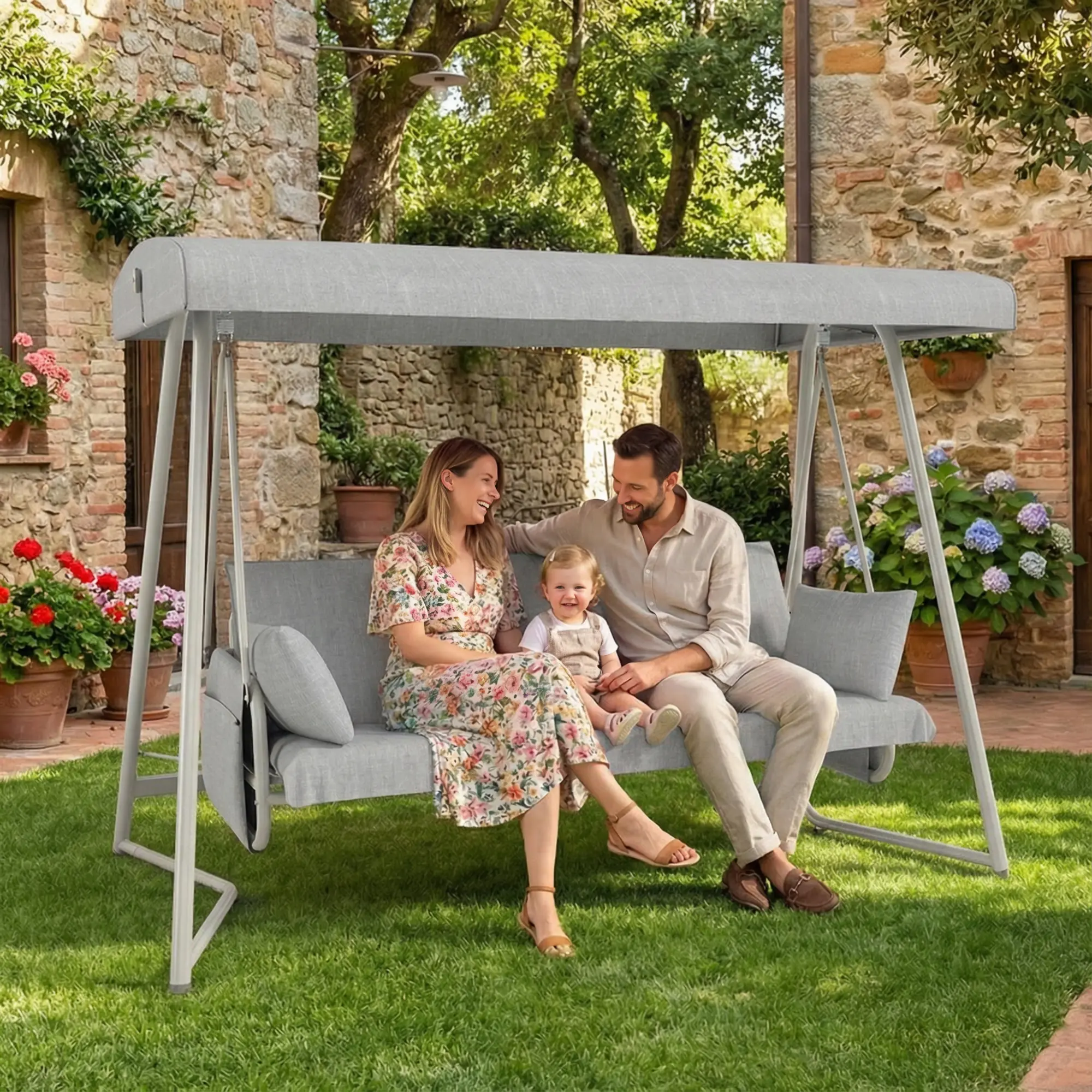 Champagne 3-in-1 Hanging Patio Canopy Swing Bed - 3-Seater, 600 lbs Capacity, 45° Tilt Adjustable Canopy, Outdoor Waterproof Rust-Resistant Patio Furniture