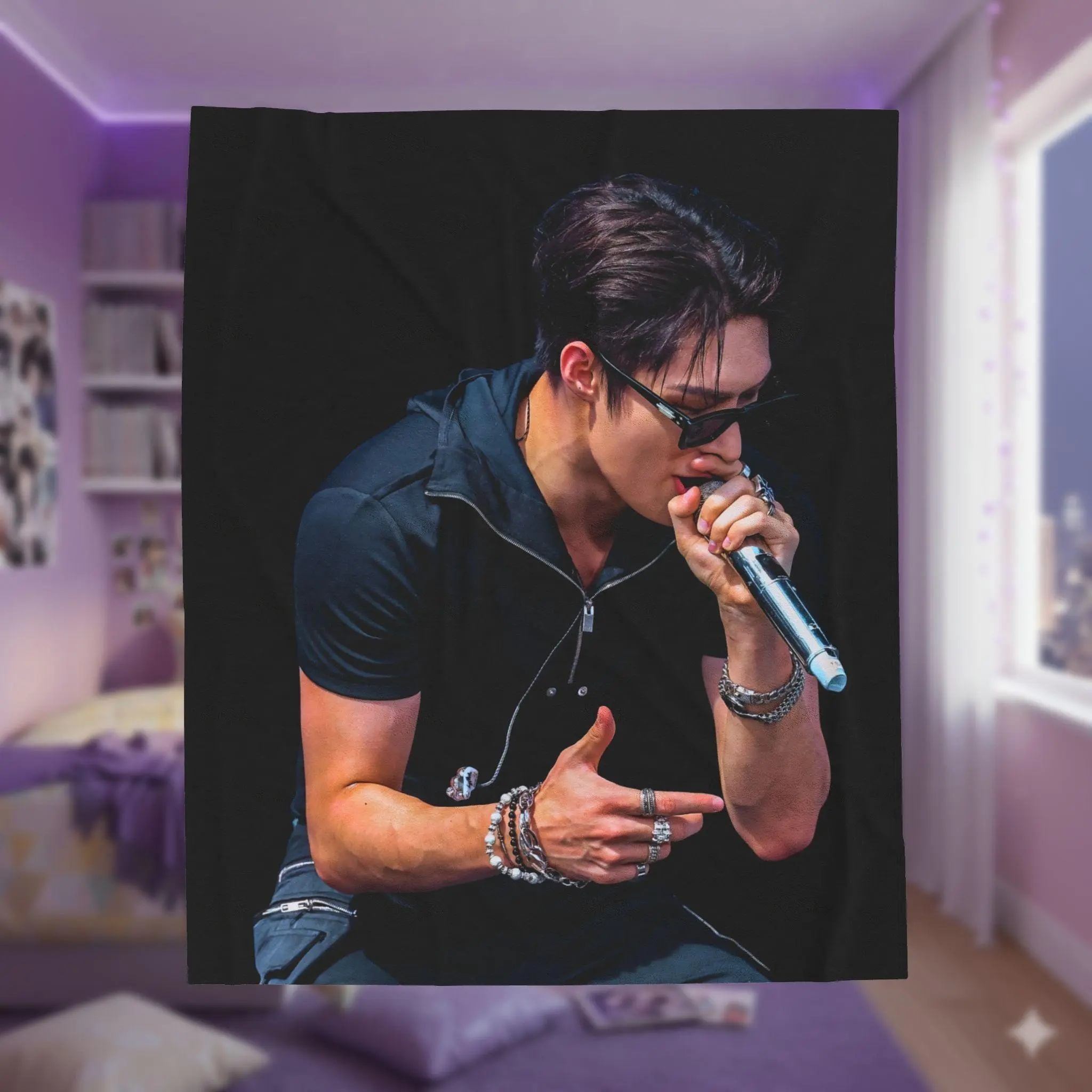 Kpop Idol Veins Stage Plush Throw Blanket with Dark Concert Portrait Artwork and Intense Performance Visuals for Boy Group Music Fans featuring Soft Fan Bedding Korean Pop Tour Style Bedroom Throw and Concert Room Decor