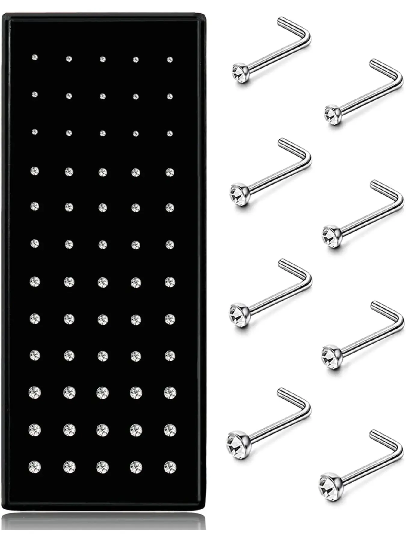 Hypoallergenic Nose Stud Set, 60-Piece 316L Stainless Steel and CZ Body Jewelry, L-Shaped Screw Piercings Body Jewelry, Sizes 20G–22G, Multiple Gauges Available