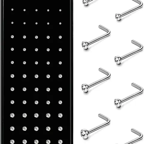 Hypoallergenic Nose Studs Set, 60pcs 316L Stainless Steel & Cz Jewelry, Nose Piercing Jewelry, Body Jewelry, L-Shaped Nose Rings, Sizes 20g-22g, Multiple Gauges Available, Body Jewellery