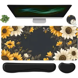 4pcs Sunflower Bee Floral Design Mouse Pad + Keyboard Wrist Rest + Ergonomic Mouse Pad + Coaster Set, Office Accessories Set with Ergonomic Wrist Support, Computer Mat for Desktop Decoration, Suitable for Home Office Gaming