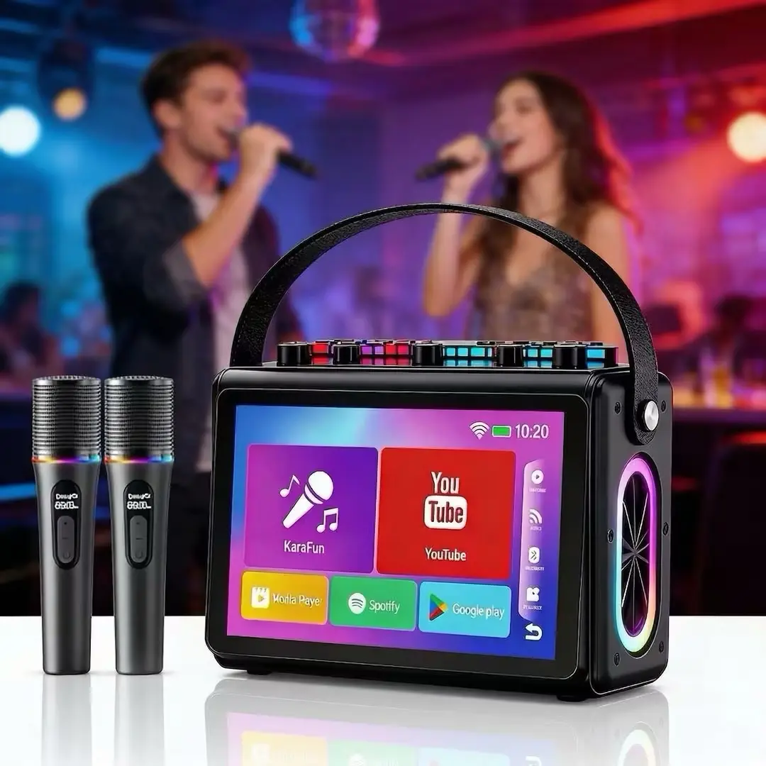 Multifunction Portable Video Karaoke Machine with 2 Wireless Microphones, 10.1" HD Lyrics Screen, Bluetooth 5.3, Hi-Fi Sound, Multi-Port Support (WiFi, HDMI, USB, TF), Plug-and-Play for Home Party, Father's Day Gift, Christmas, Festivals