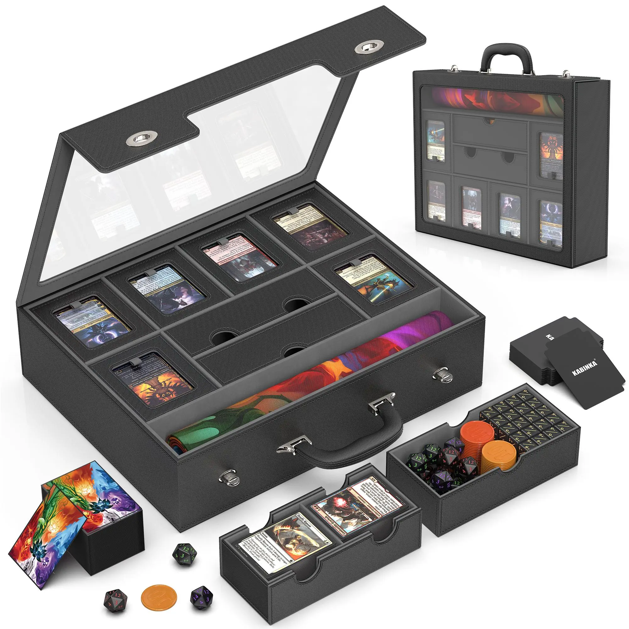 Kabinka MTG Commander Deck Box, Modular 9-in-1 TCG Card Storage Box with Dice Tray & Sideboard Box, 6-Deck Capacity Card Case, Includes 6 Magnetic Card Holders/100CT Card Sleeves/Playmat Card Hobby Box Trade Card Box