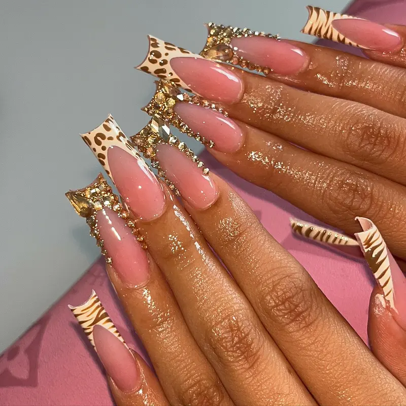 NailKavie Long Square Pink Base Leopard Print French Tip Nails Rhinestone Crystal Bling Luxury Glam Press On Nails