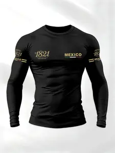 Men's Sporty Long Sleeve T-Shirt with Mexican Theme Letter Design, Casual Street Style Top, Athletic Tee for Spring & Fall, Fitted Regular Fit Fashion, Athletic Apparel