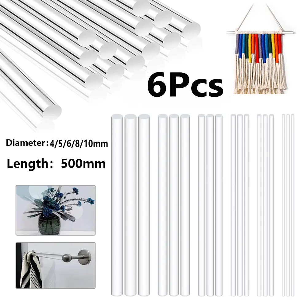 6Pcs Clear Round Acrylic Sticks, 0.16"-0.39" Diameter Transparent Plastic Strip, 19.68 Inch Long for Cake Decor, DIY Crafts, Party & Gardening Decoration