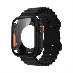 Universal Wave Silicone Watch Band with Watch Case Protector, Adjustable, Fits for Iwatch Series 11/10/9/8/7/6/5/4 Se, Sizes 40mm/41mm/44mm/45mm/46mm/42mm