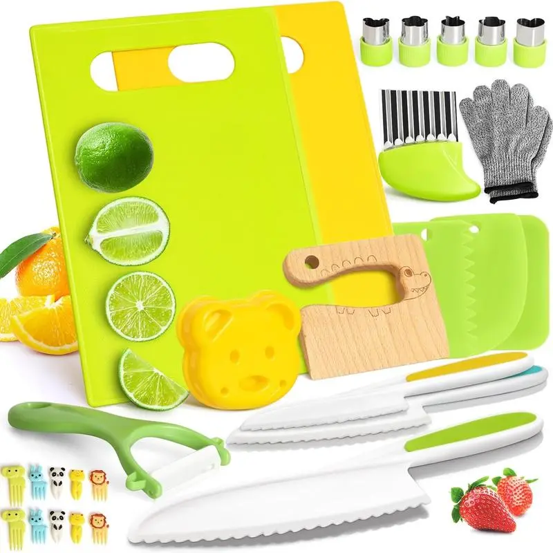 13/28PCS Kids Cooking Knife Set, Toddler Kitchen Tools for Real Cooking with Cutting Boards, Crinkle Cutter, Peeler, Glove, Sandwich Cutters, Fruit Forks DIY by Sooshoom