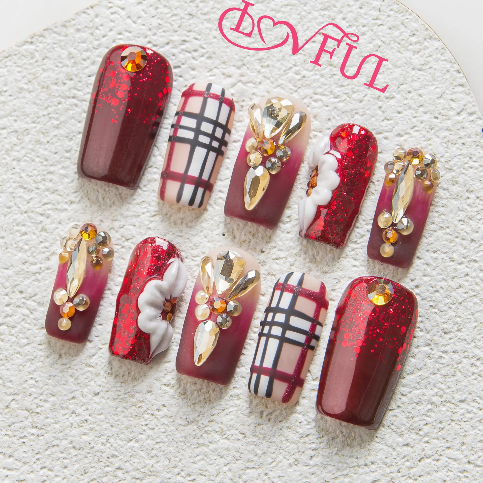 Lovful | H345 Crimson Charm Handmade Acrylic Press On Nails | 10PCS Reusable Salon Quality 2025 New #DealsForYouDays